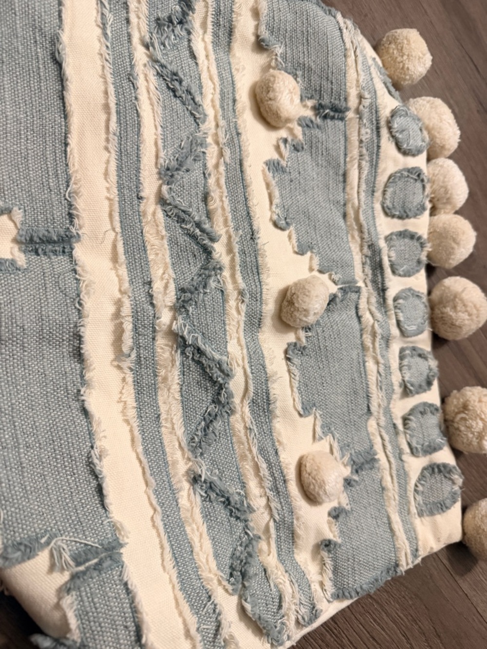 Lumbar Pom Pom Accent Pillow Cover - Cream & Light Blue Zip Closure Fits 24x16 - Picture 5 of 5